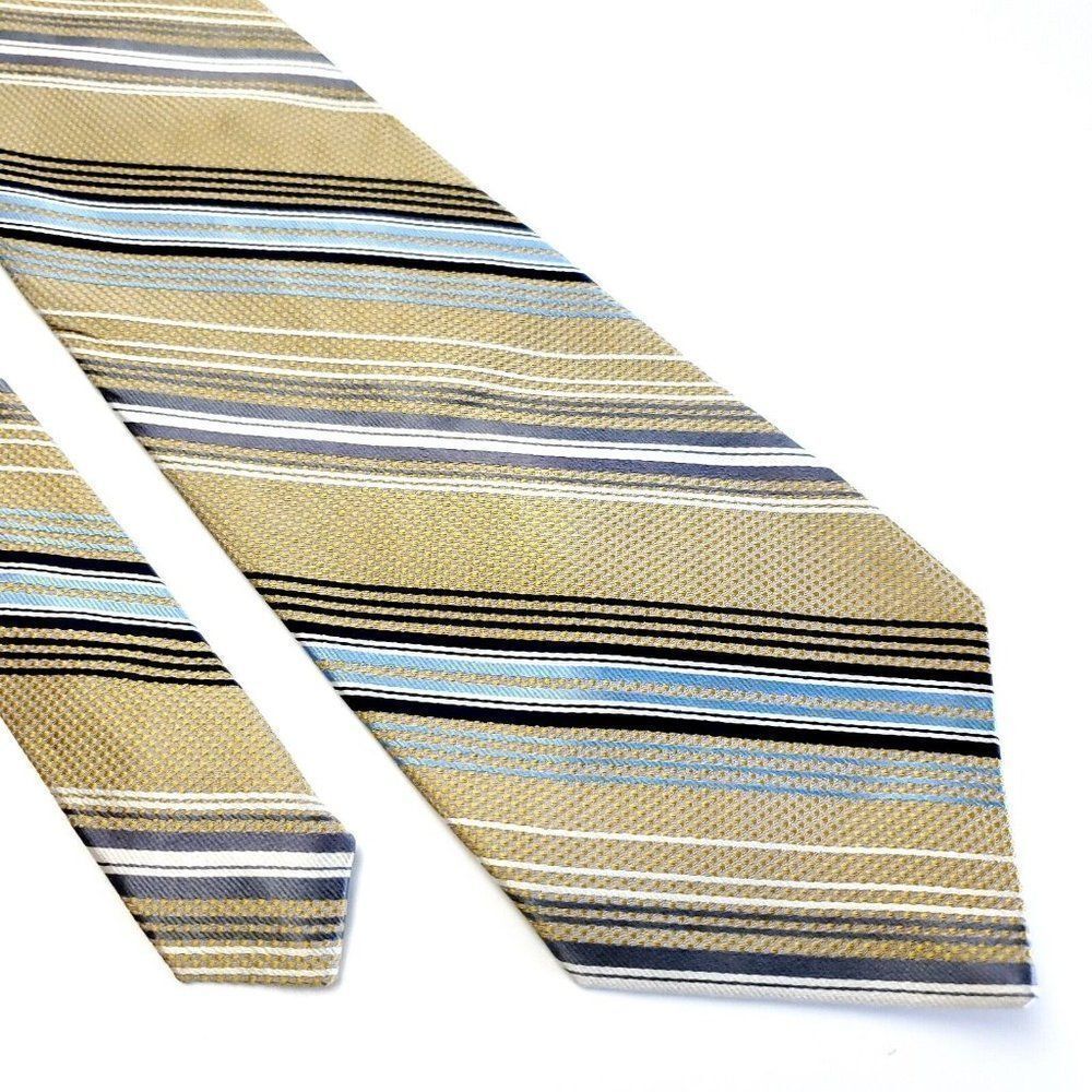 Bruno Piattelli Tan Blue Striped Woven Wide Silk Tie